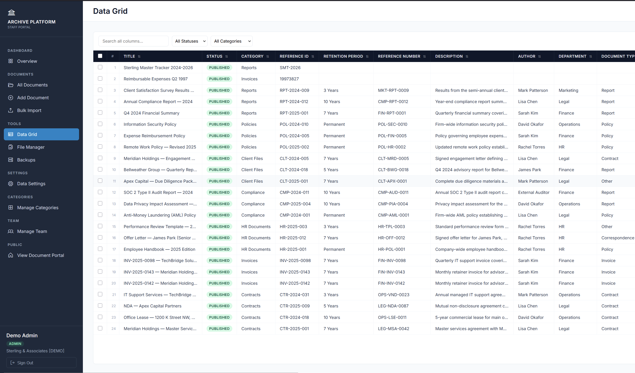 Data Grid — spreadsheet view of all documents