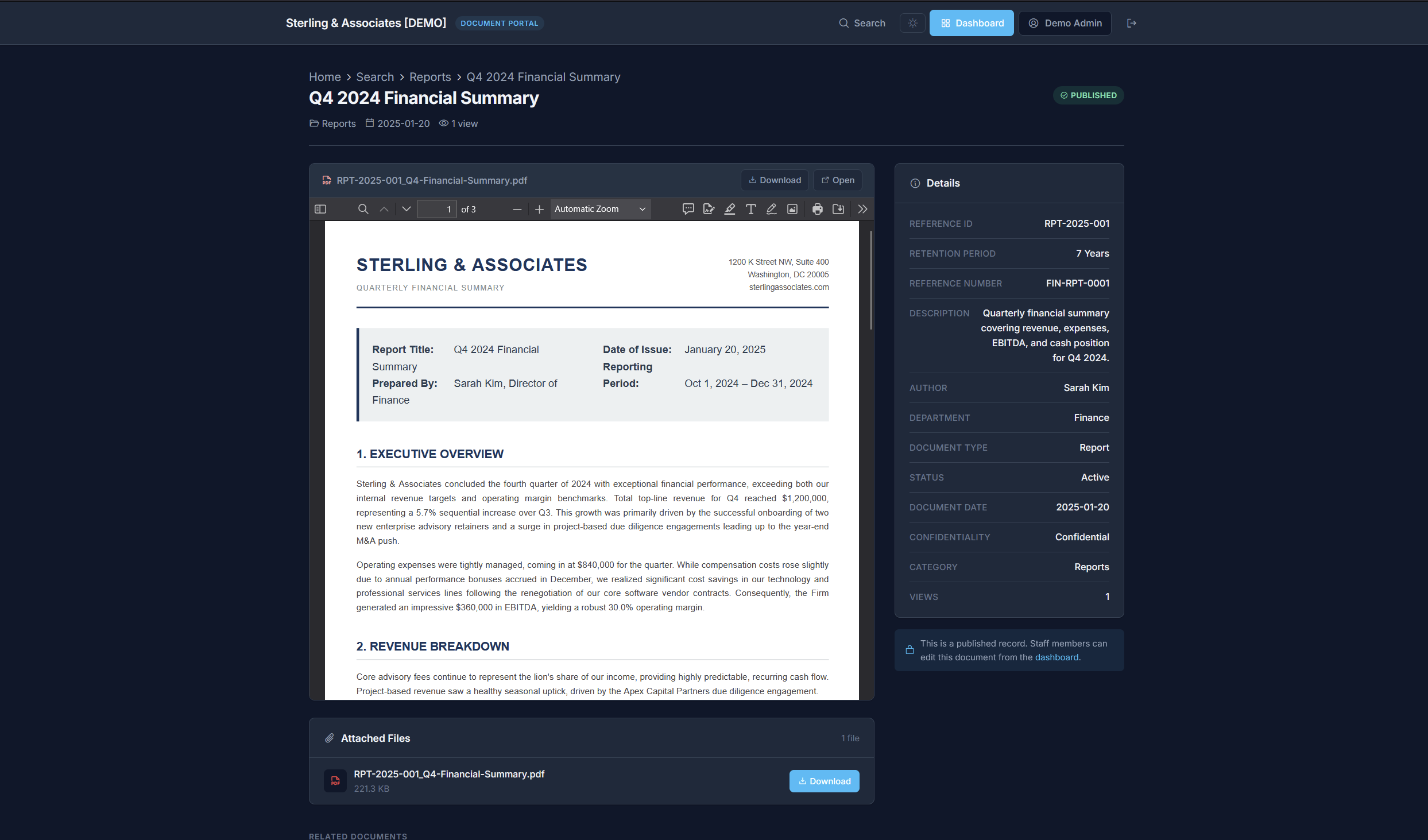 PDF Document Viewer with metadata sidebar